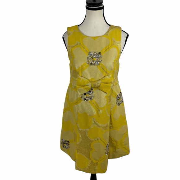 Marc by Marc Jacobs Embellished Bow Midi Dress 6 Yellow Floral Jacquard A-Line - Picture 2 of 13